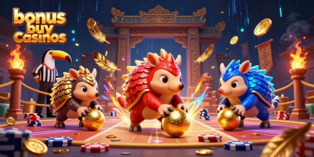 Rival pangolins in armored scales rolling through poker chips in a vibrant bonus buy casinos scene.