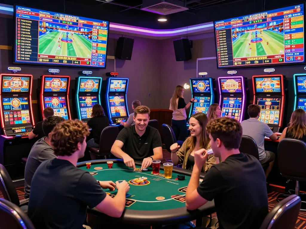 Online gaming excitement at https://qnk88.com/ with players enjoying vibrant casino games, showcasing a lively atmosphere.