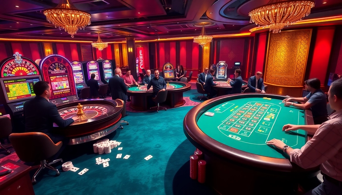 RR88 casino scene with vibrant gaming tables, lively players, and luxurious ambiance