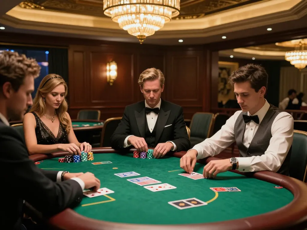 Players strategizing at an upscale GO88 poker table in a luxurious casino environment.