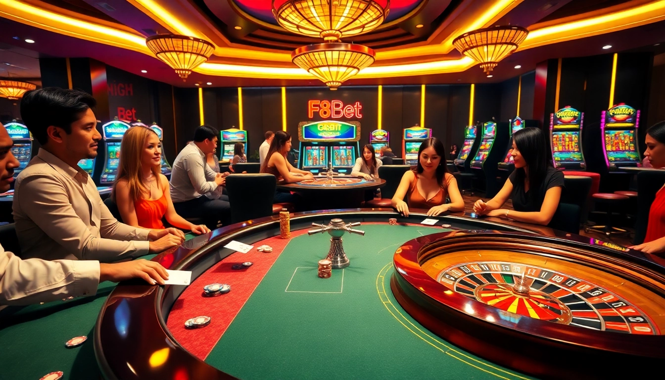 F8BET players strategizing at an upscale casino table amidst vibrant slot machines.