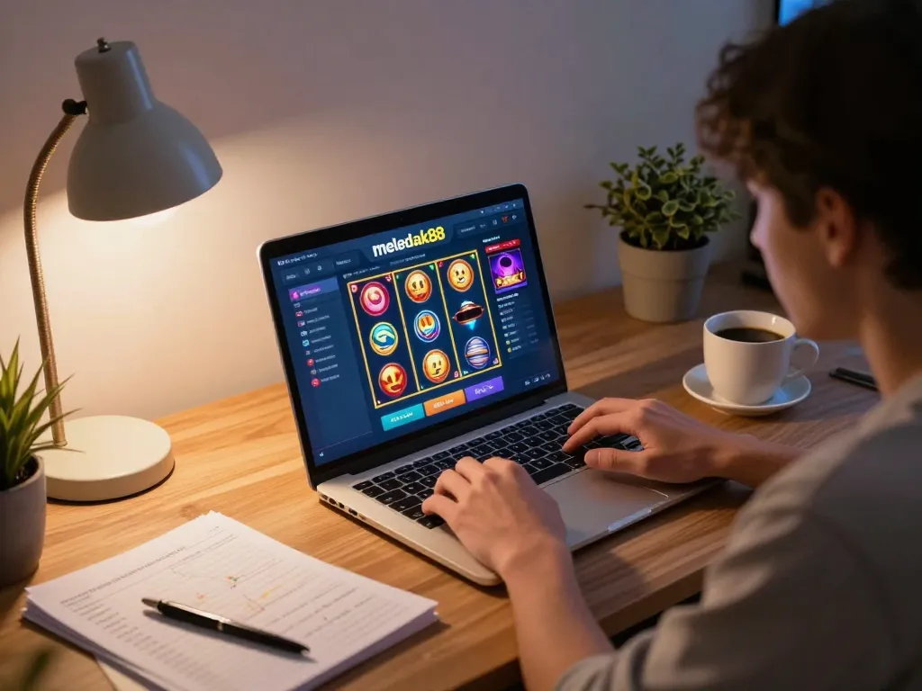 Memainkan permainan di kasino online meledak88, seseorang fokus pada laptop, pengaturan rumah yang nyaman dengan catatan permainan.