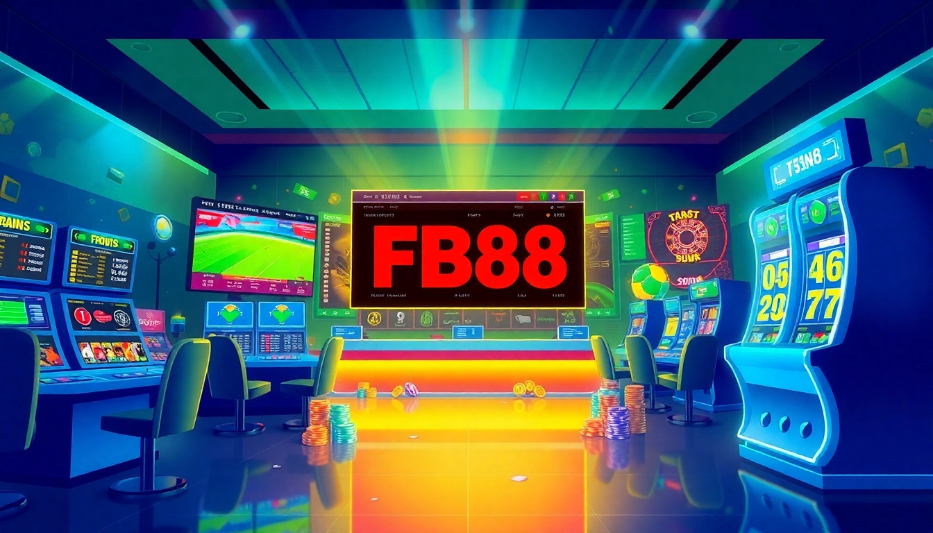 Engaging illustration of FB88 online betting platform with vibrant user interface and sports betting elements.