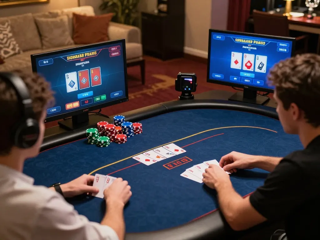 Gameplay at VENOM889 Alternatif, showcasing players engaged in a strategic poker session online with vibrant visuals.