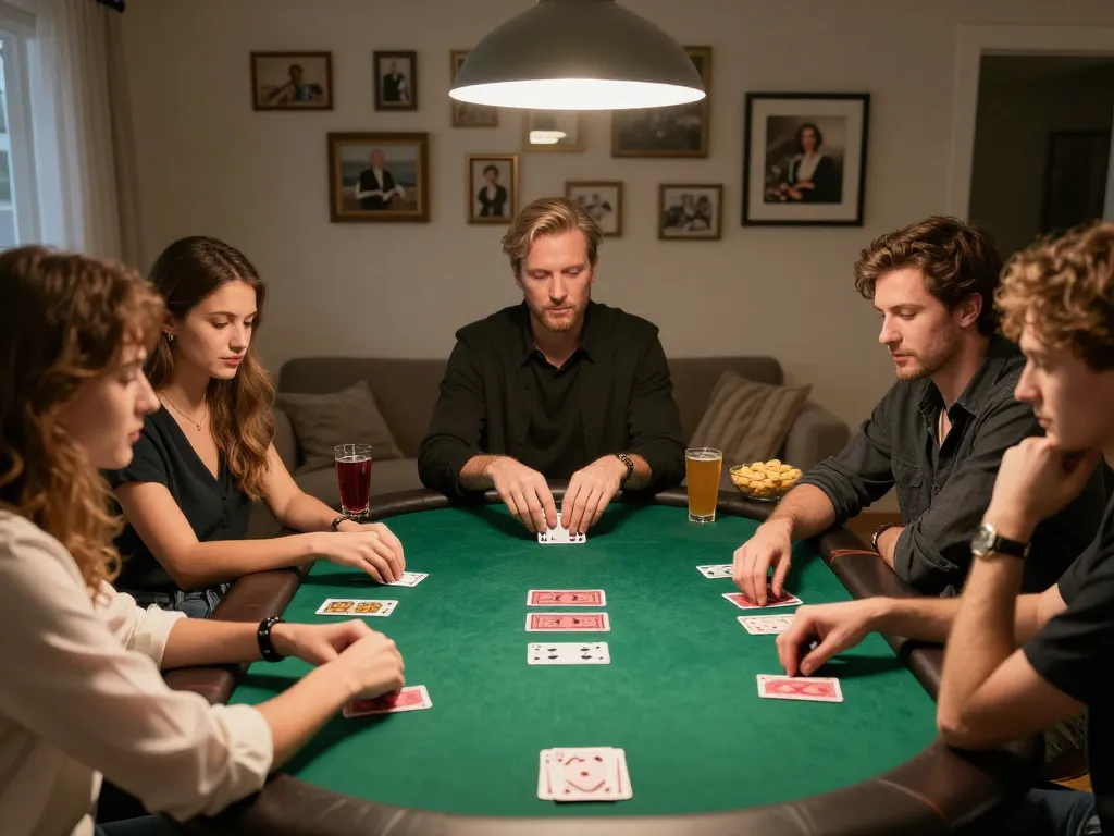 Friends engaging in a lively poker game at home, showcasing NK88 strategy and camaraderie.