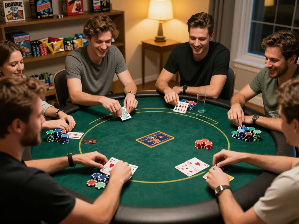 TIP88 players enjoying a lively home poker game night with chips and cards.