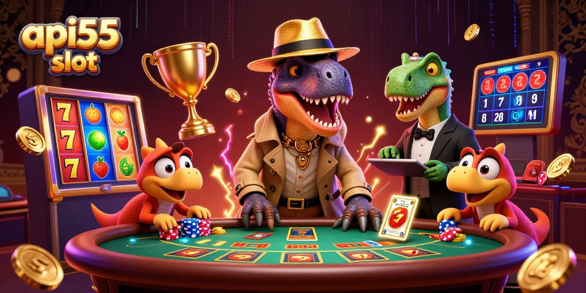 Engage in thrilling api55 slot gameplay with animated characters around vibrant slot reels.
