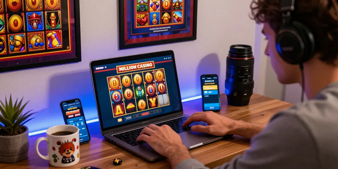 Spin Million Casino player enjoying slots at home with vibrant gaming decor.