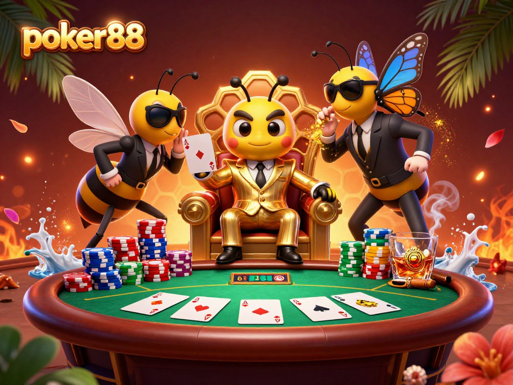 Permainan poker88 dengan raja lebah di kursi singgasana, dikelilingi tumpukan chip poker yang megah.