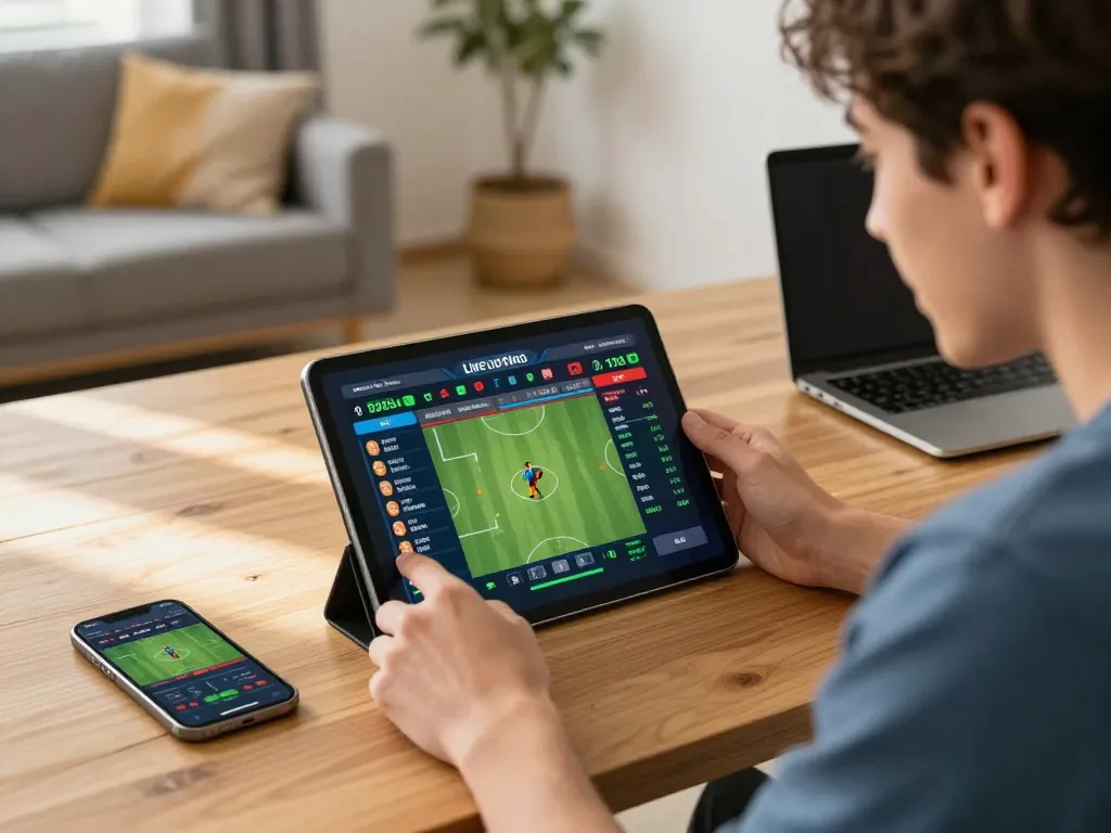 Player using 68win sports betting app on tablet, concentrating on live match odds.