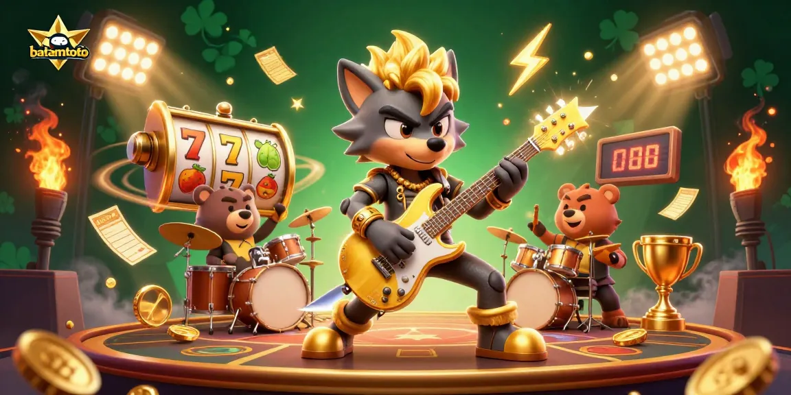 Experience the excitement of batamtoto with an electrifying casino scene featuring a wolf rock star and dynamic game elements.