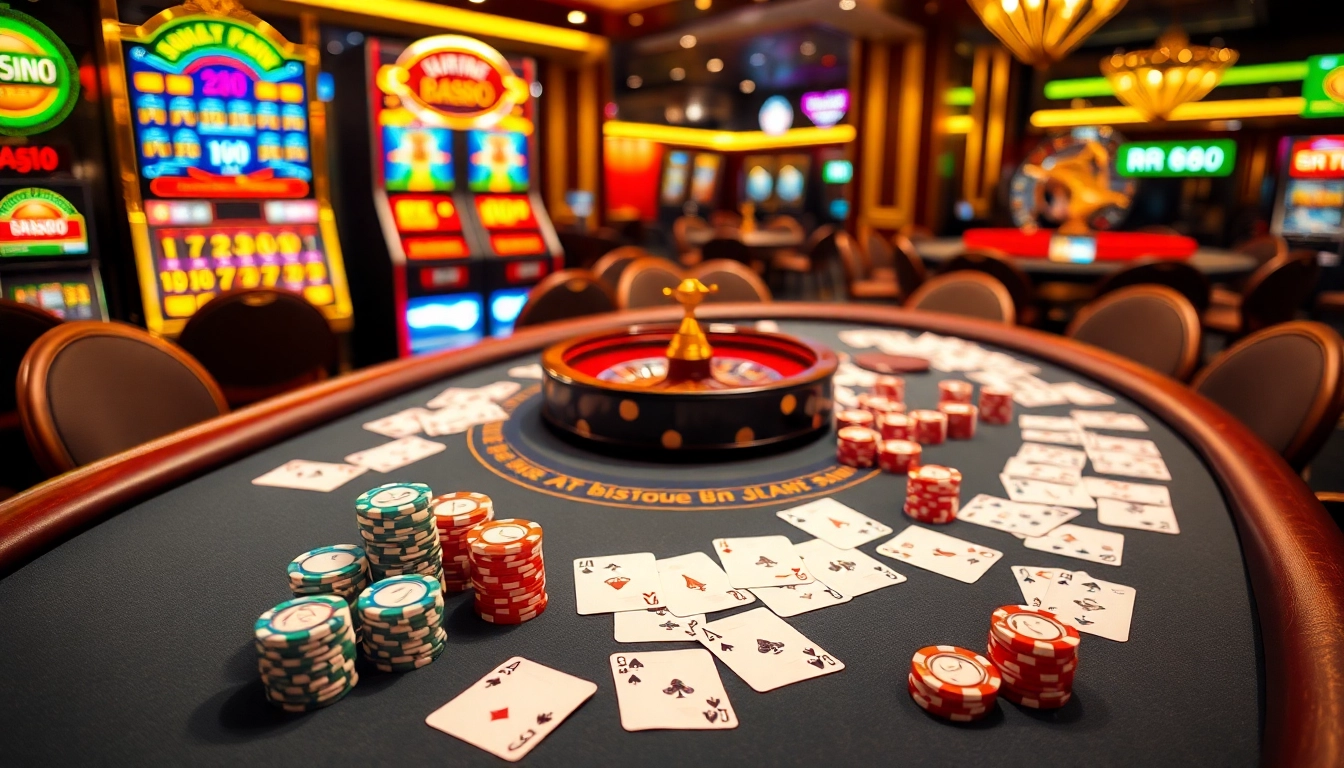 RR88 poker table with colorful chips and cards, showcasing excitement in a luxurious casino setting.