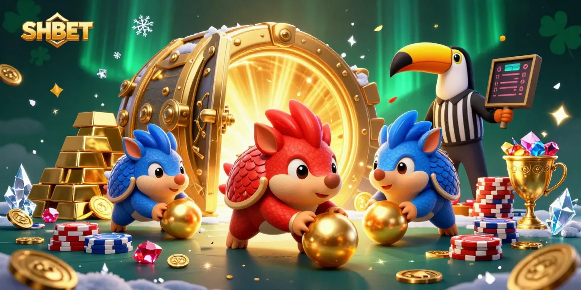 Bowling pangolins celebrating wins at SHBET with golden coins and poker chips around them.