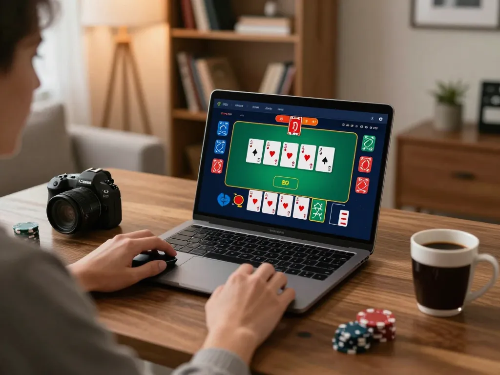 Engaging in online poker at nhà cái SIN88 in a stylish home office environment.
