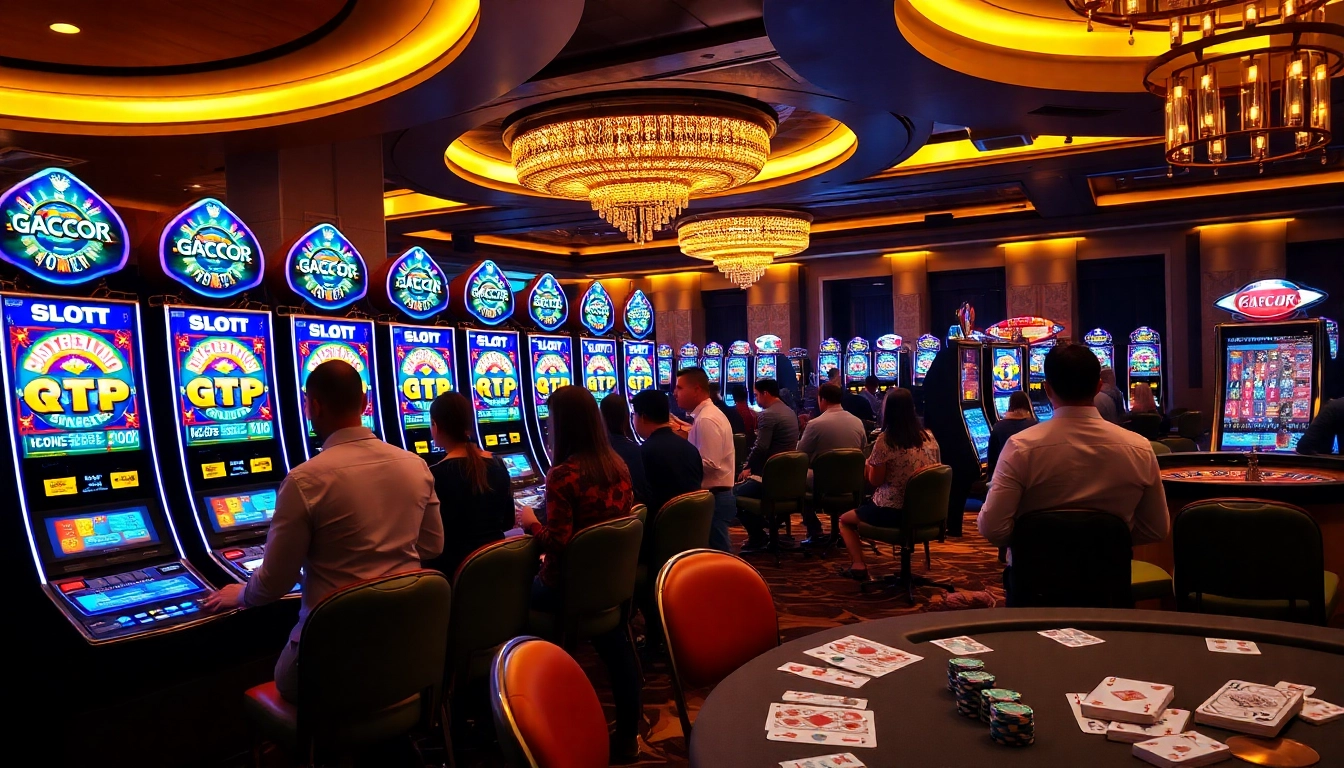 Experience the thrill of Slot Gacor machines in a luxurious casino setting with vibrant gameplay.