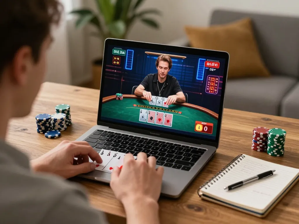 uk88 players enjoying an online blackjack game on a cozy home setup with strategies displayed