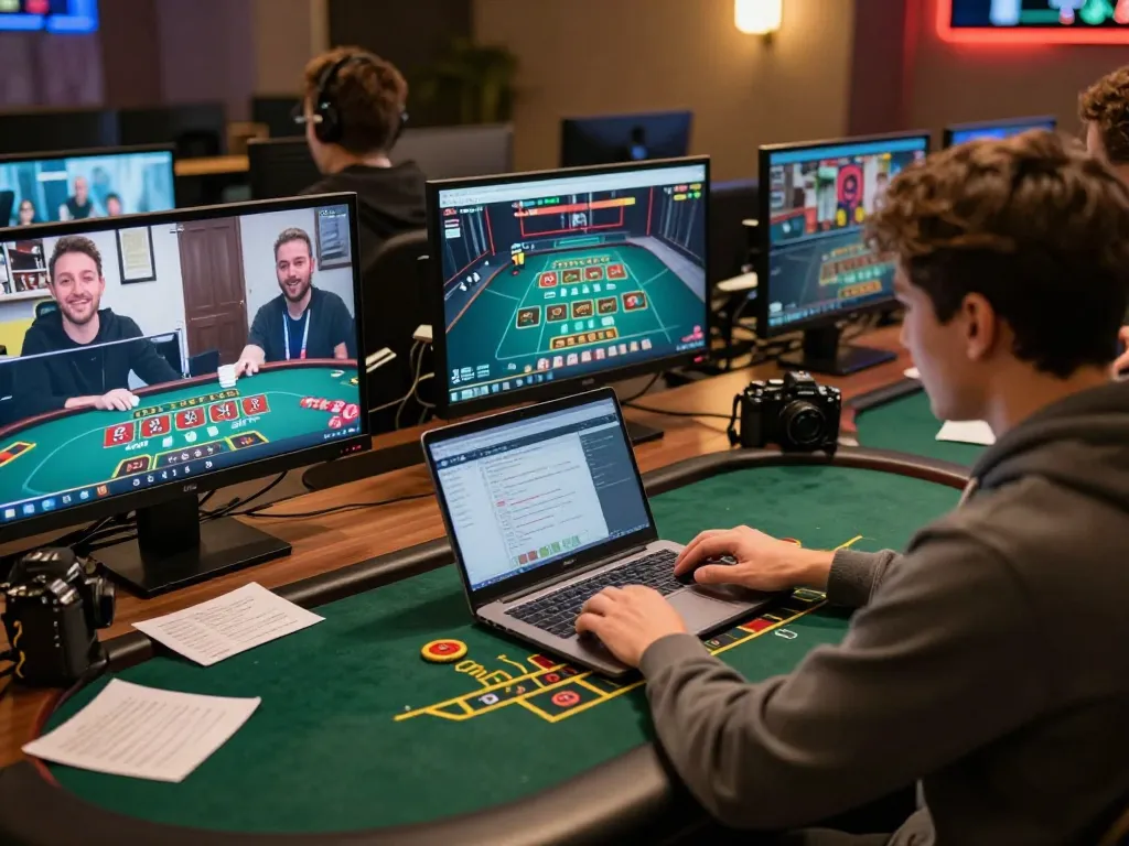 Player enjoying exciting blackjack gameplay on bdtk66 online casino, surrounded by gaming strategy notes and multiple screens