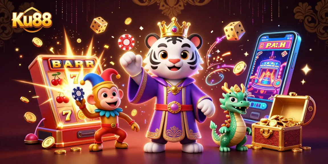 Engaging Ku88 illustration featuring vibrant characters and casino elements showcasing excitement and luck.