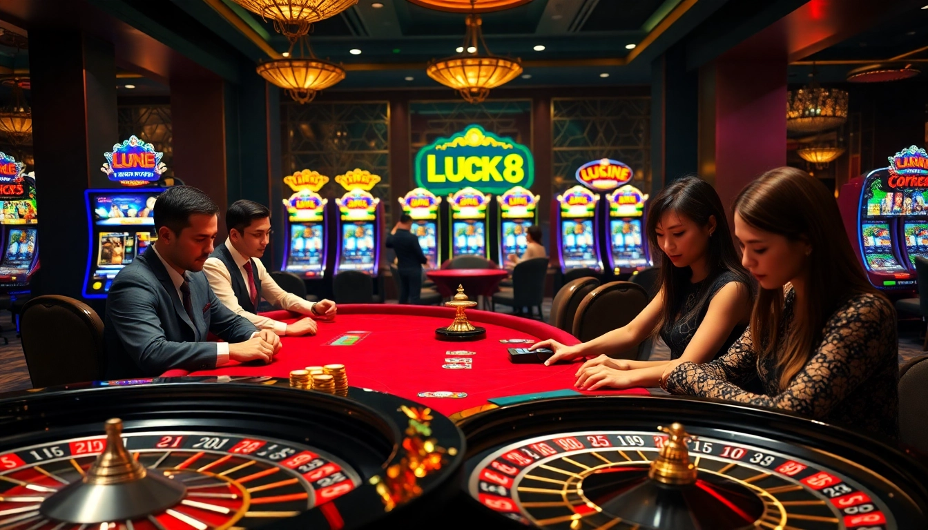 LUCK8 casino scene showcasing poker chips and roulette wheel excitement