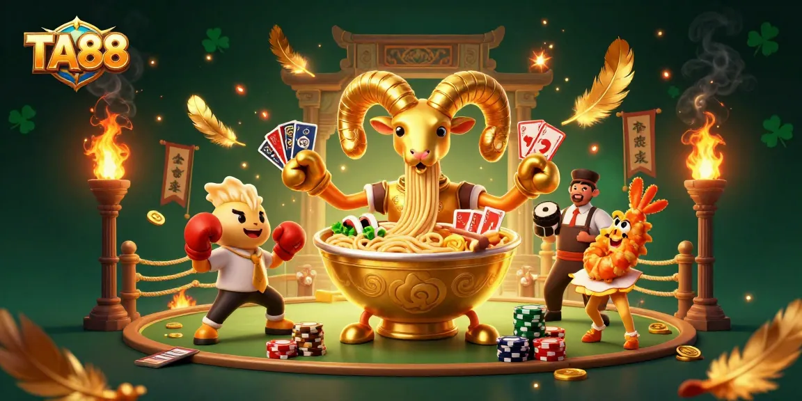 TA88 showcases vibrant casino scene with golden ramen bowl dealing cards and chips.