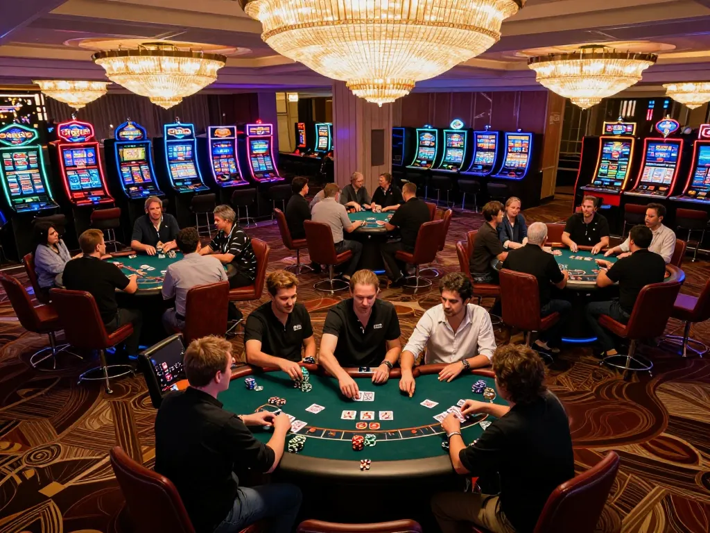 Engaged players at tg777.ac casino gaming floor, celebrating wins at poker tables with vibrant atmosphere.