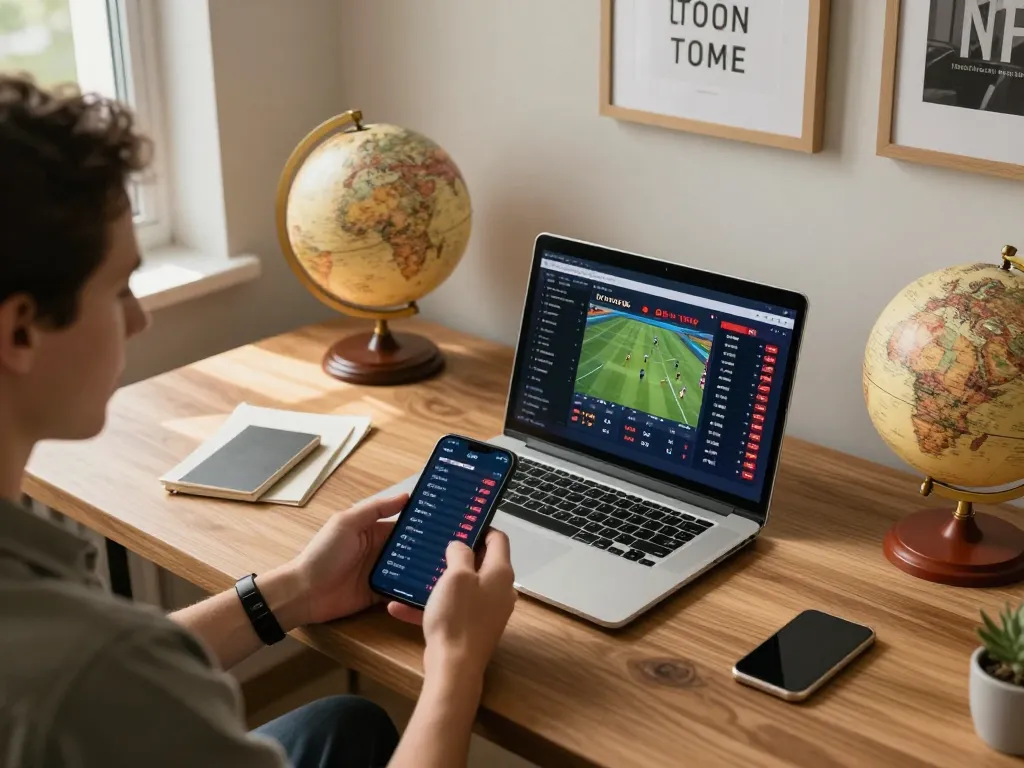 Engaging sports betting scene showcasing live odds on smartphone in a stylish home office environment using 주소모음.
