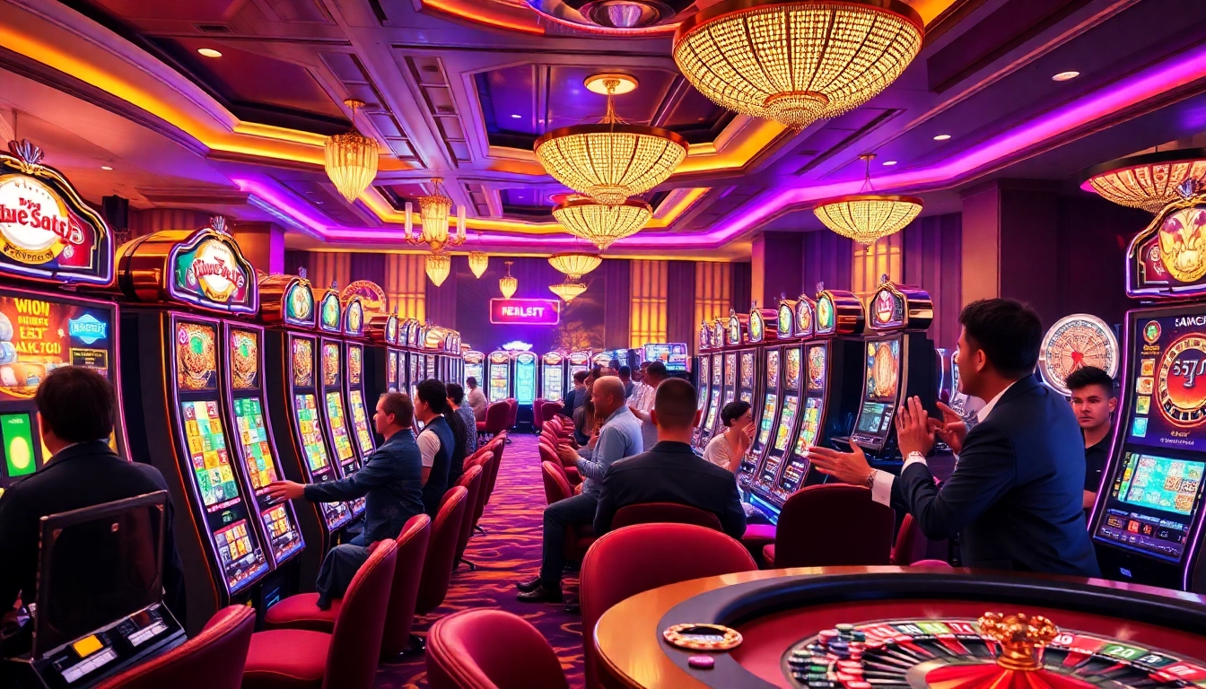 Pemain meraih kemenangan besar di mesin slot JPTOTO dalam suasana kasino yang penuh warna
