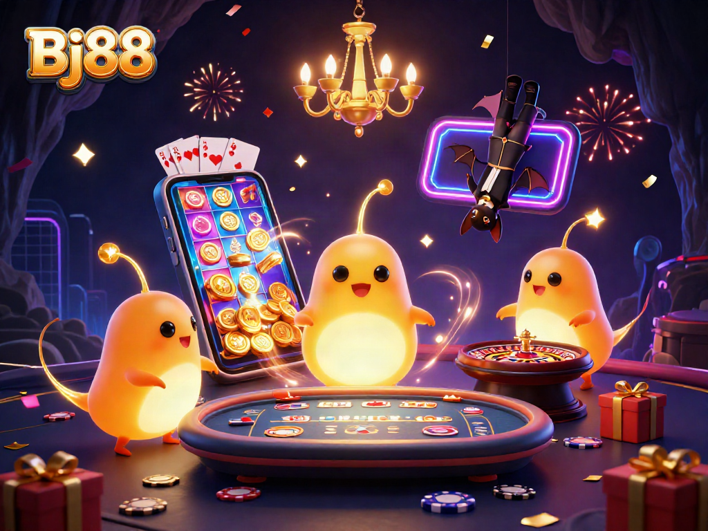 Engage with vivid Bj88 gaming action featuring glowworms and a bat dealer in a neon cave casino.
