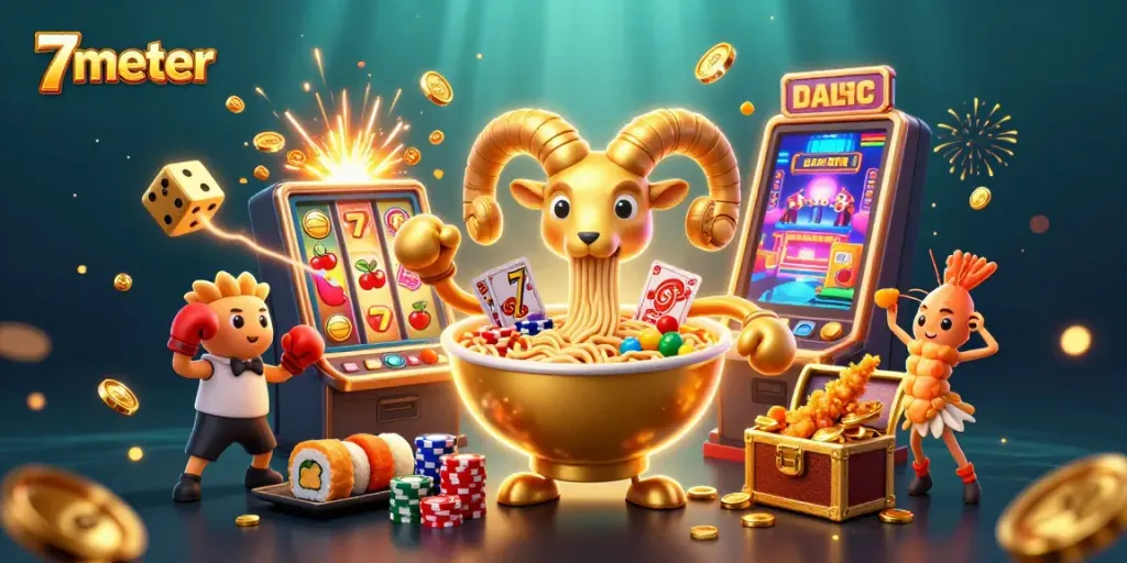 Engage with the excitement of 7meter through a vibrant casino scene featuring dynamic characters and slot machines.