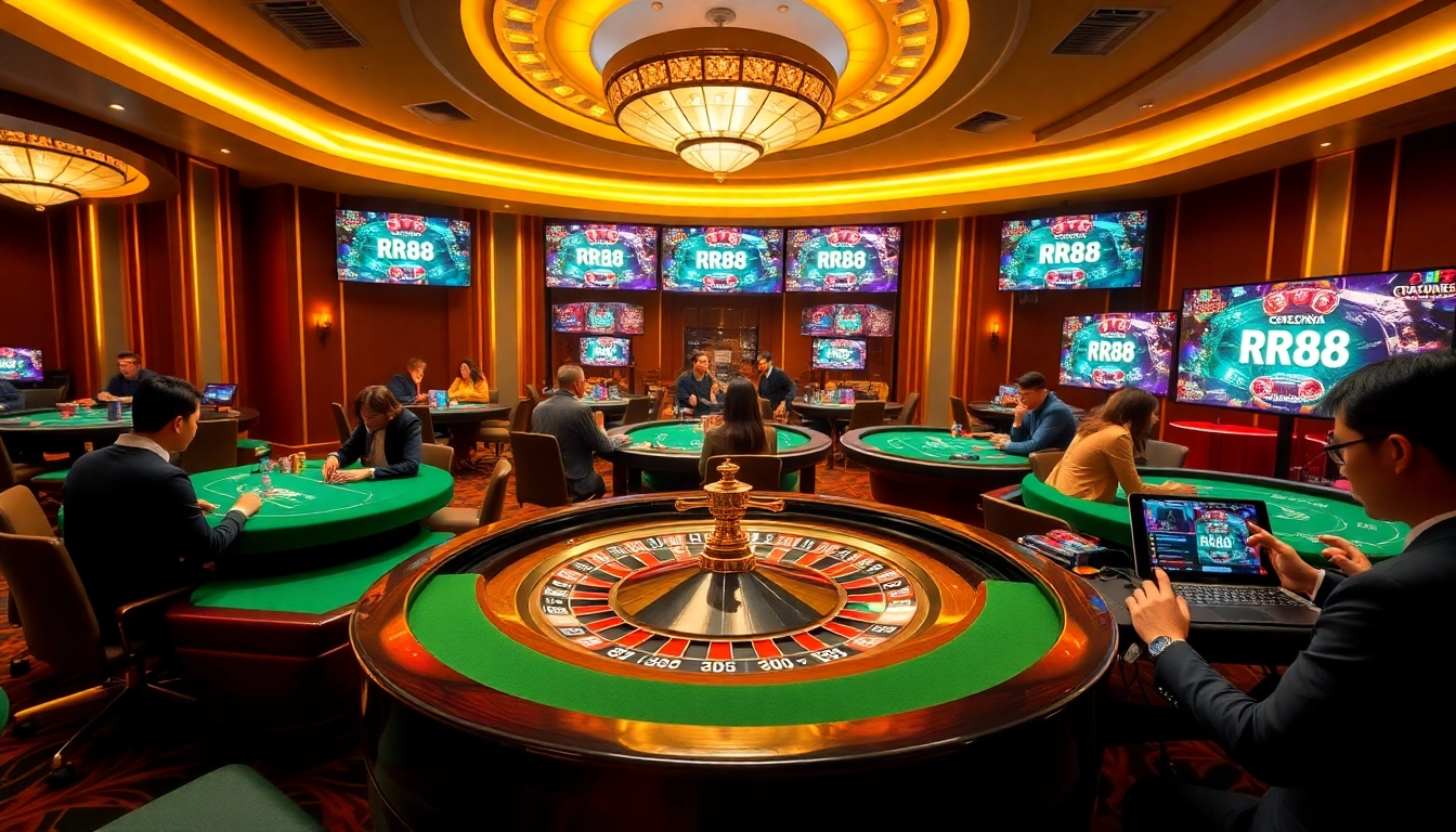 Experience RR88 excitement with vibrant poker chips and roulette wheels in a luxurious casino setting.