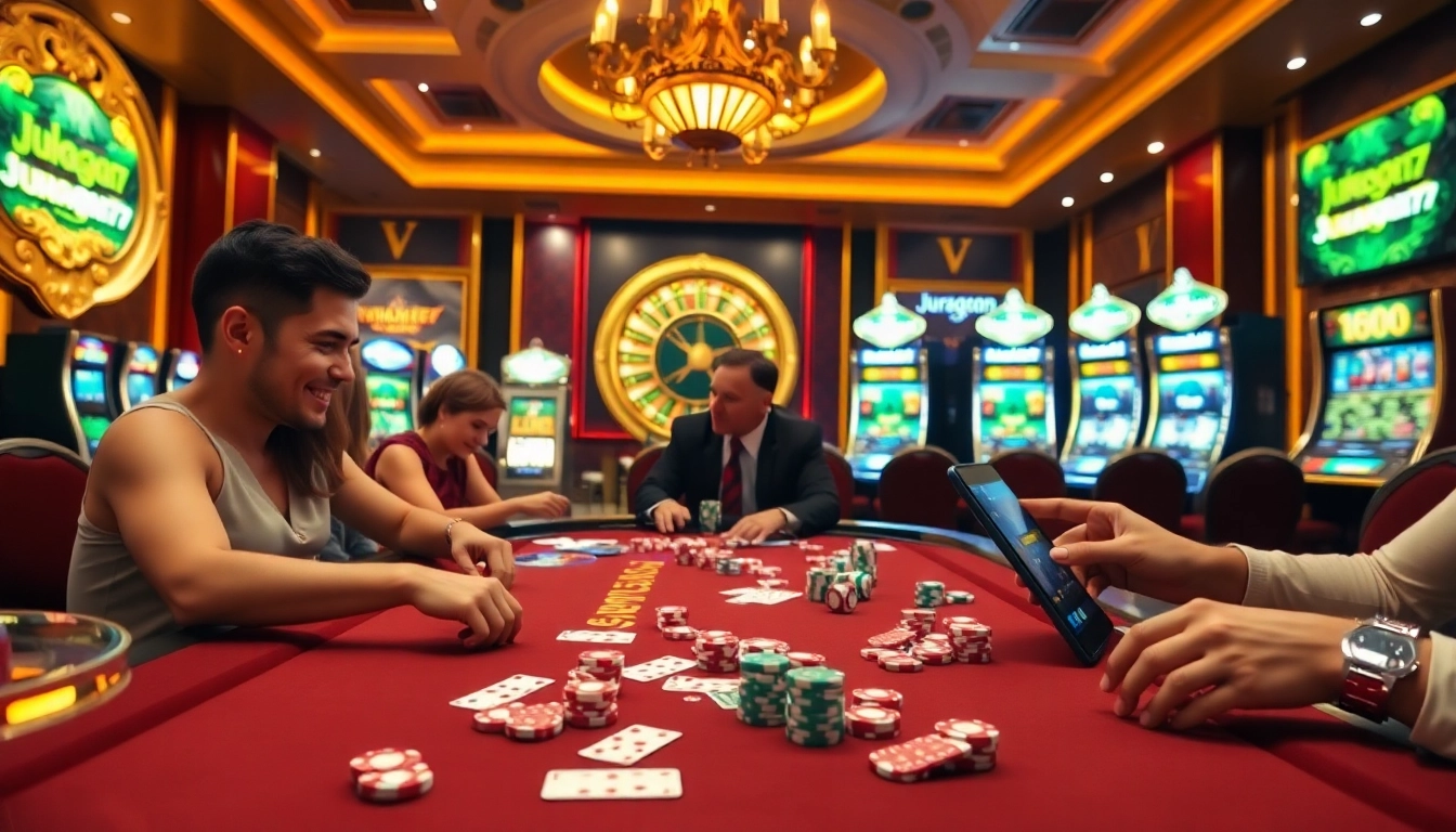 Players enjoy high-stakes gaming with juragan77 at a vibrant casino table featuring colorful poker chips.