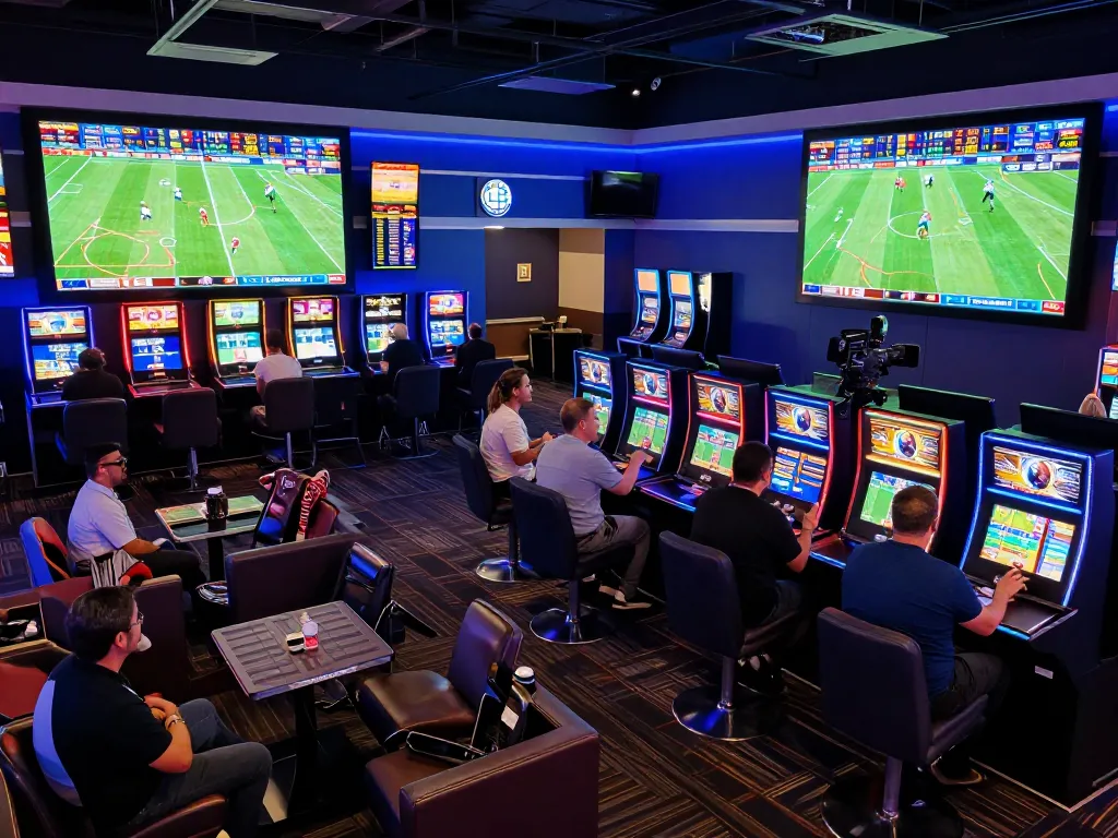 Engaged bettors analyzing tỷ lệ kèo nhà cái on digital screens in an exciting sports lounge atmosphere