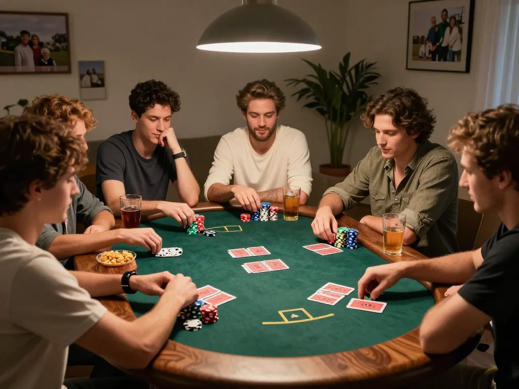 Friends playing Texas Hold'em at home poker night, featuring the 88aa club atmosphere and camaraderie