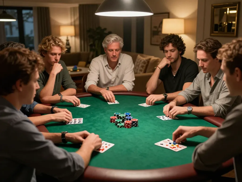 B52CLUB players contemplating their bets around a poker table in a warm home atmosphere.