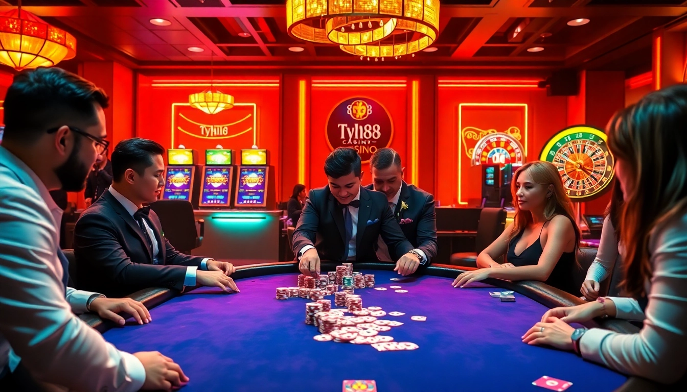 Experience the thrilling atmosphere of gambling at Typhu88 with a poker table and vibrant casino elements.