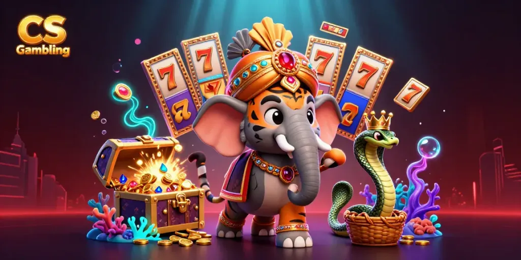 Engage in CS Gambling with vibrant casino themes, showcasing a mahout and elephant amidst dynamic slot elements.