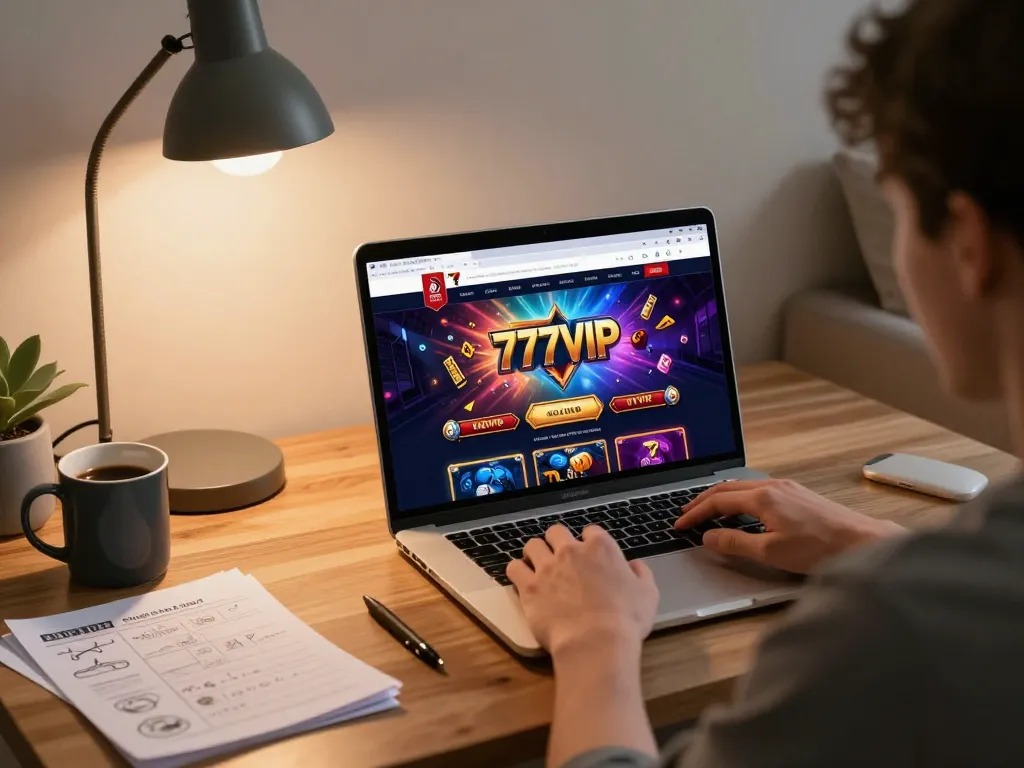 Player engaging with 777VIP online casino on laptop, showcasing strategies and a cozy home environment.