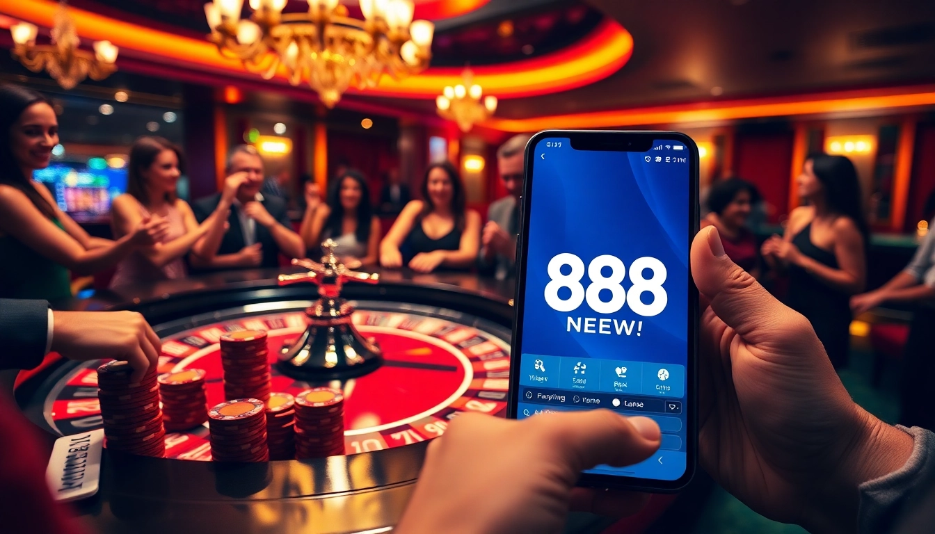 Experience the thrill of 888NEW with a luxurious casino scene showcasing poker chips and an online app.