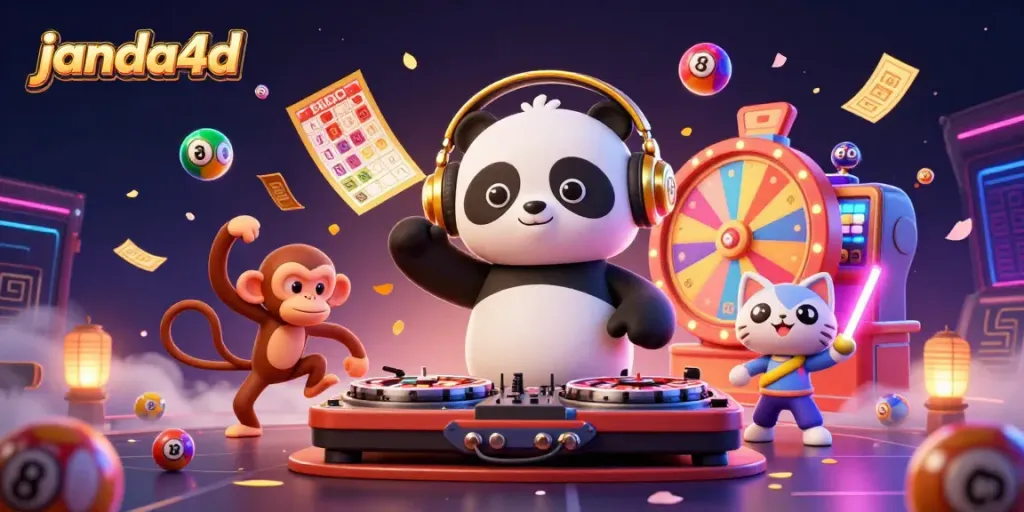 JANDA4D menghadirkan suasana meriah dengan DJ panda dan bola lotere berwarna-warni.