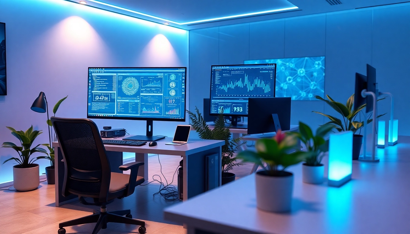 An innovative technology workspace showcasing AI +18 with modern gadgets and ambient lighting.