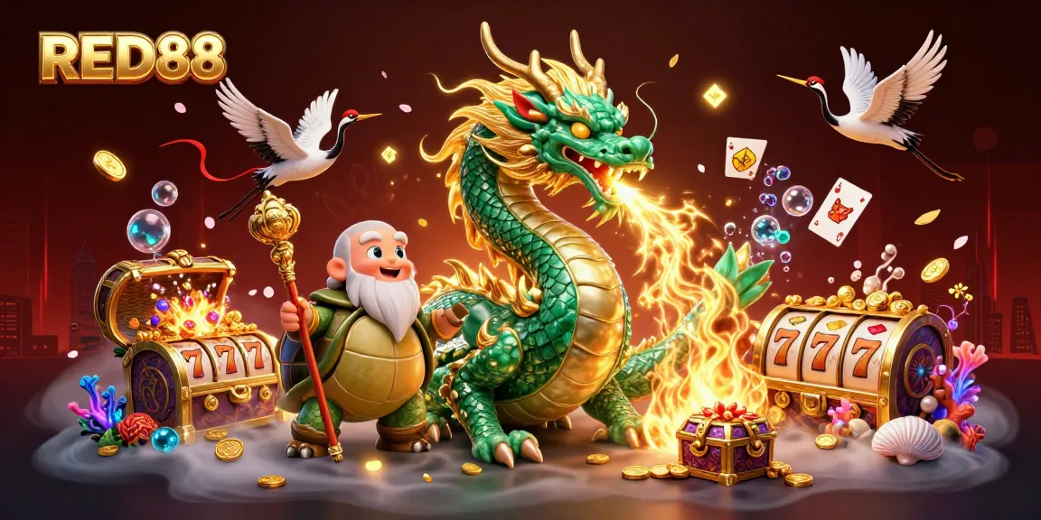 Engage with RED88's vibrant 3D casino scene featuring a jade dragon and lucky symbols.