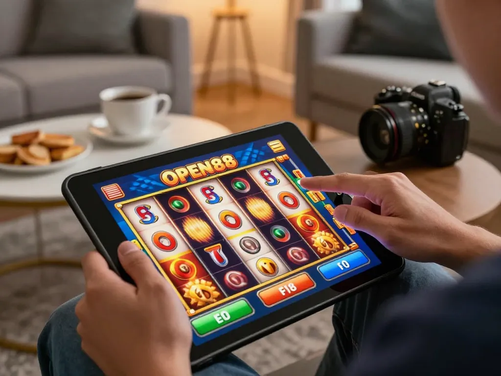 Engaging moment at Open88 as player spins the reels on a slot game on their tablet, showcasing exciting online gaming experience.
