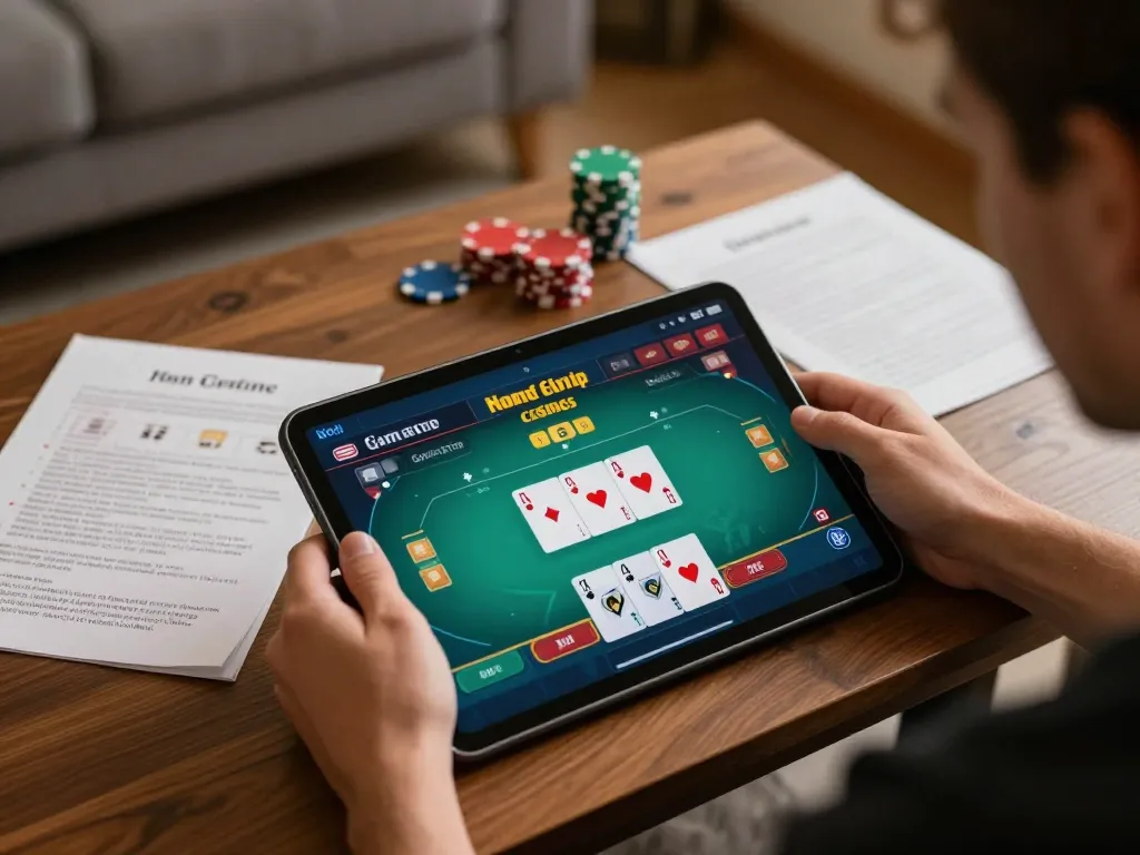 Engaged player strategizing on non gamstop casinos using a tablet in a cozy home.