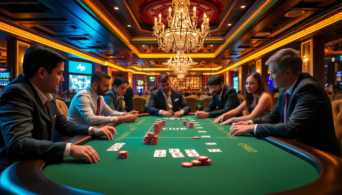Tampilkan suasana dewabet dengan pemain poker di meja, menarik perhatian di kasino.