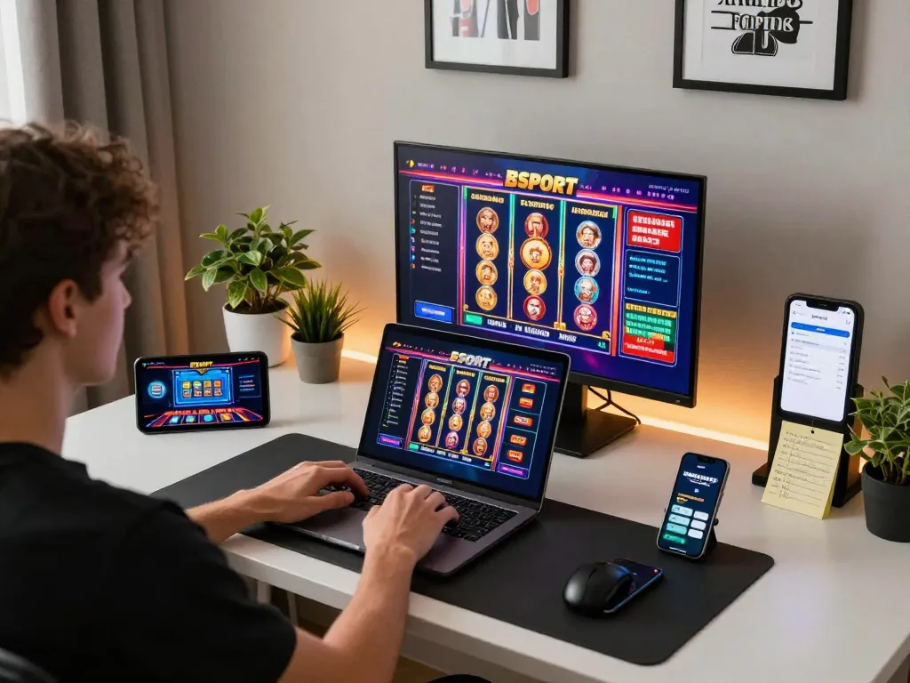 Engaging player using Bsport casino app on laptop with colorful gaming interface visible, promoting responsible gambling.
