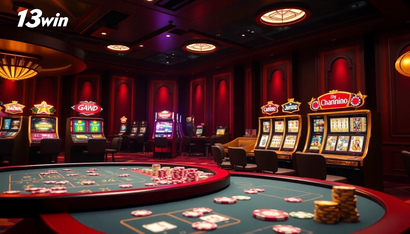 Exciting gaming action at 13win online casino with vibrant slot machines and poker chips.