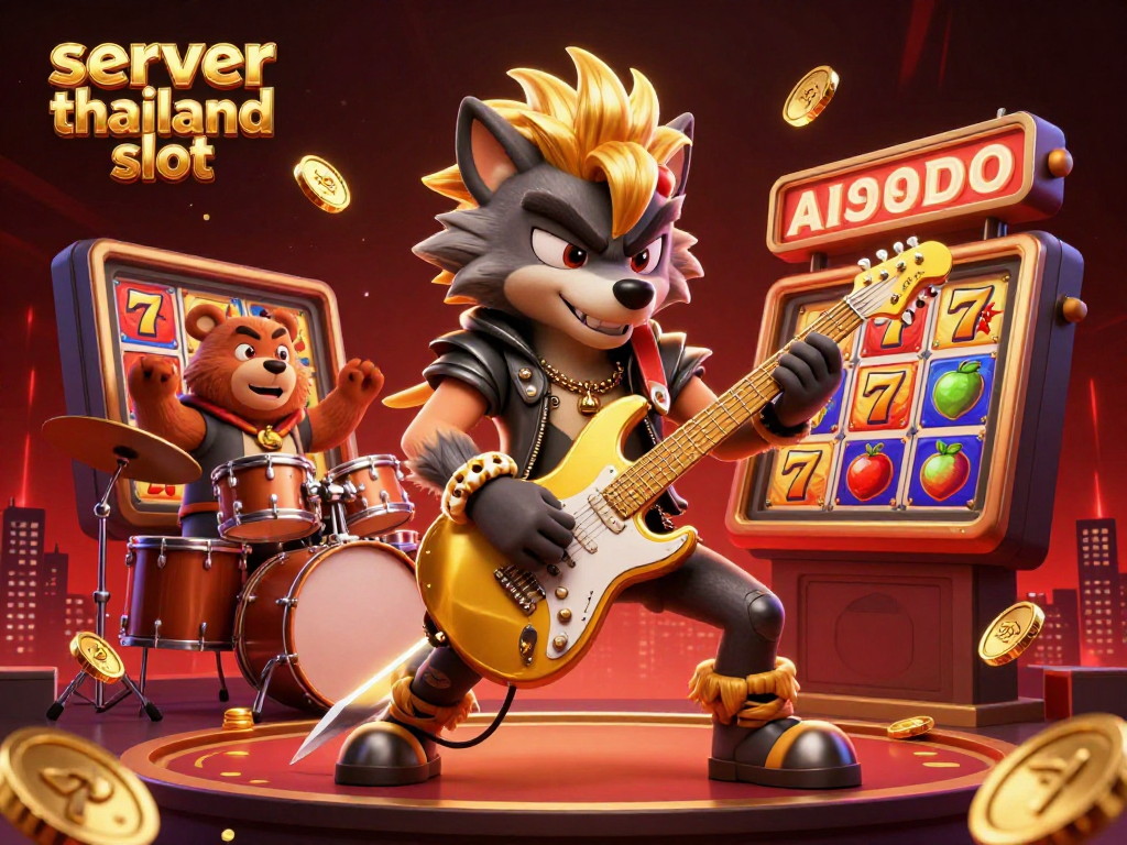 Experience the excitement of server thailand slot with a vibrant casino scene featuring a rock star wolf and drummer bear.