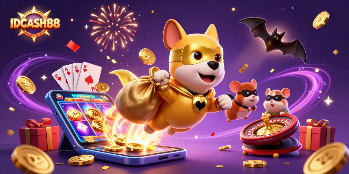 IDCASH88 brings excitement with a superhero dog and vibrant gaming elements in a dynamic casino scene.