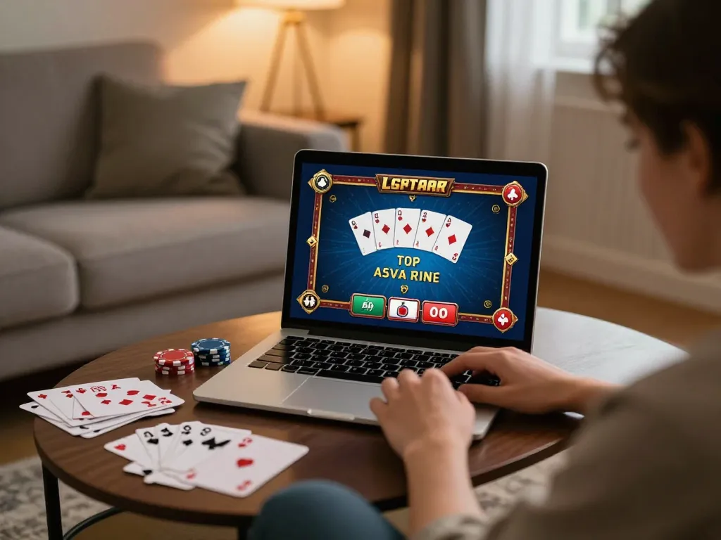 KUBET player enjoying an online casino game at home with a laptop, cards, and strategy notes.