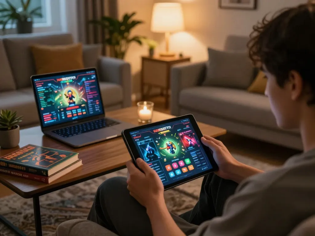 Engaged player using HARGATOTO tablet for online gambling, showcasing strategic gameplay in a cozy home setting.